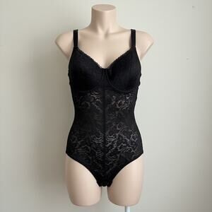 Vintage Bali 7432 Black Lace Body Briefer Shaper Bodysuit 36D Underwire